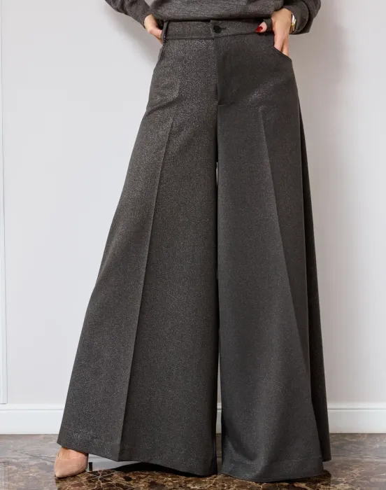 Брюки палаццо с мелким вкроплением люрекса - фото - 7