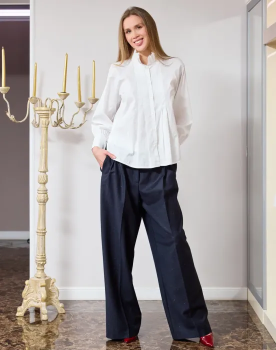 Брюки с бельевым поясом в темно-синем цвете с мелкими вкраплениями - фото - 6