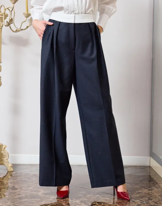 Брюки с бельевым поясом в темно-синем цвете с мелкими вкраплениями - фото - 9