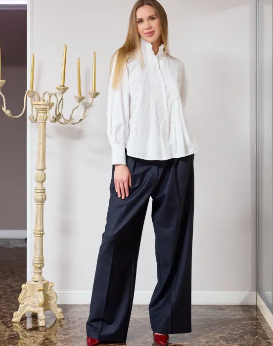 Брюки с бельевым поясом в темно-синем цвете с мелкими вкраплениями