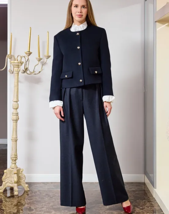 Брюки с бельевым поясом в темно-синем цвете с мелкими вкраплениями